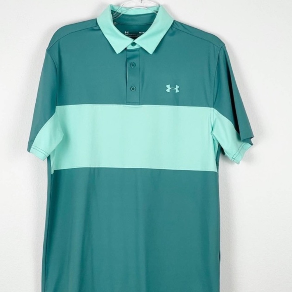 Under Armour Loose HeatGear Teal / Mint Green Colorblock Golf Polo Shirt - M